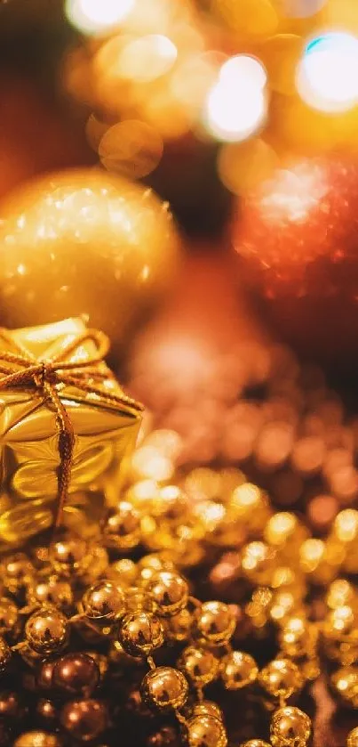 Golden holiday gift and ornaments on a festive background.