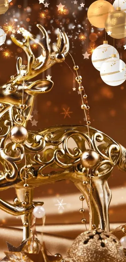 Golden reindeer with ornaments, stars, and baubles on festive wallpaper.