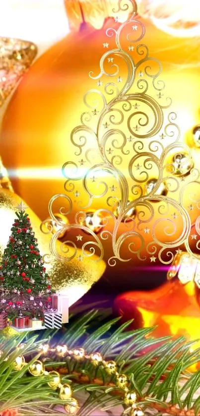 Golden Christmas tree wallpaper with festive decorations.