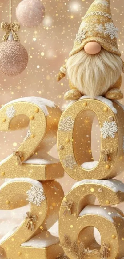 Festive gnome on golden 2026 with holiday decor.