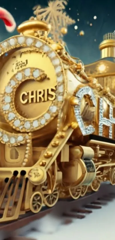 Luxurious golden train with jewels on festive wallpaper.