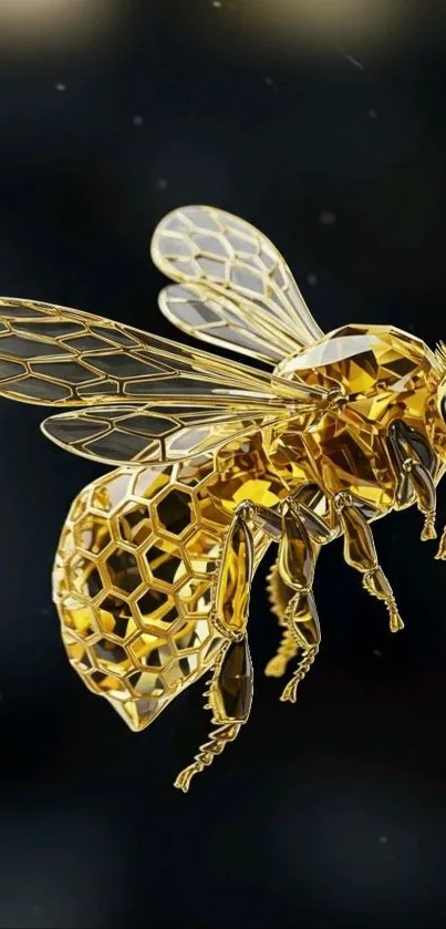 Golden honey bee on dark background.