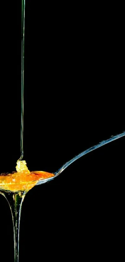 Stream of honey dripping on a silver spoon against black background.