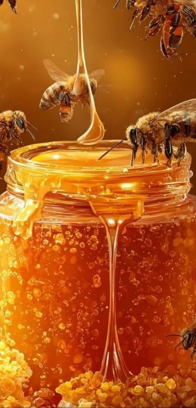 Jar of honey with bees swarming around in a golden ambiance.