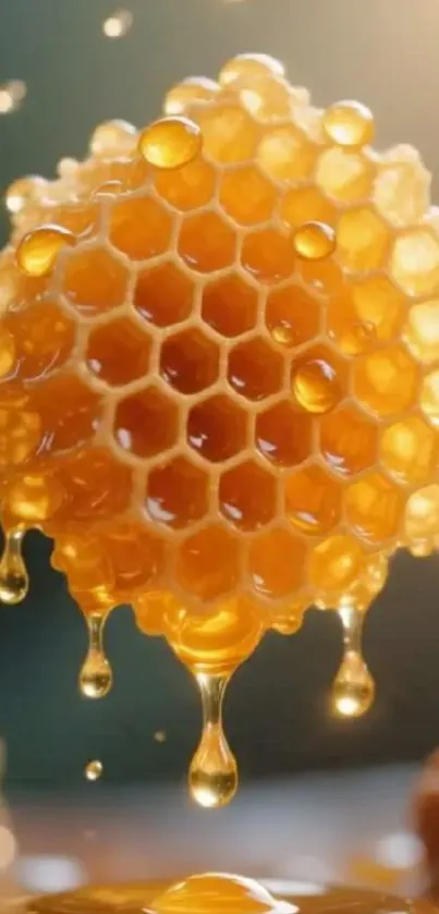 Mesmerizing golden honeycomb dripping with honey.