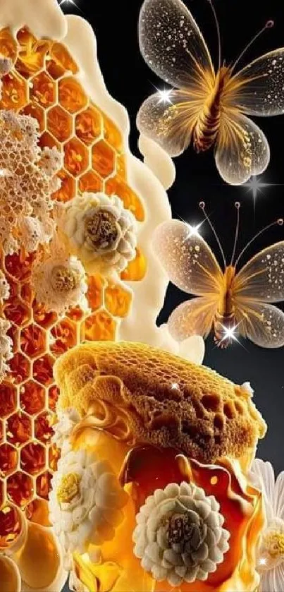 Golden honeycomb art with butterflies and intricate details.