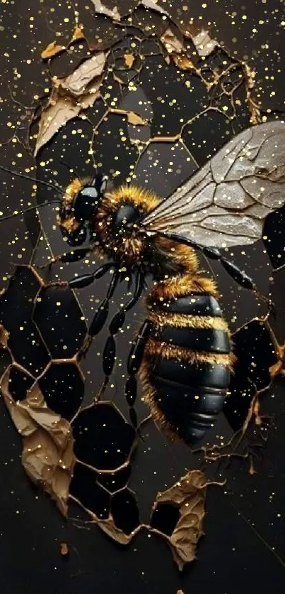 Realistic honeycomb bee artwork on dark background.