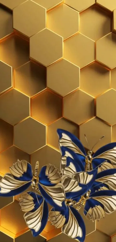 Gold honeycomb pattern with blue butterflies wallpaper.