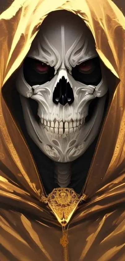 Golden hooded skull art wallpaper with intricate design.