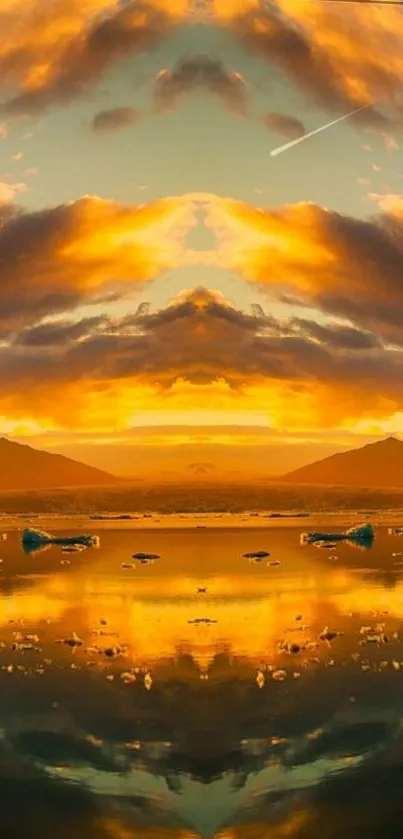 Golden sunset mirrored over a serene lake with vibrant skies.