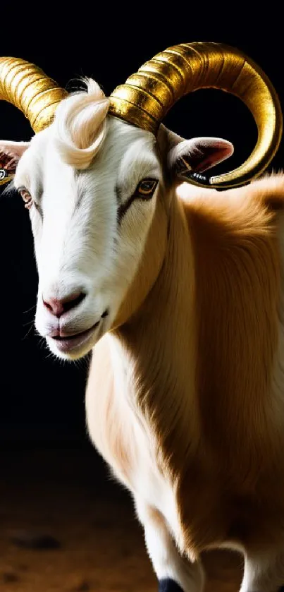 Golden horned goat against dark background, perfect for mobile wallpaper.