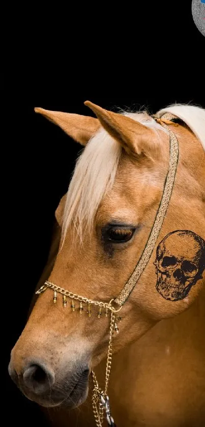 Golden horse with skull design on black wallpaper.