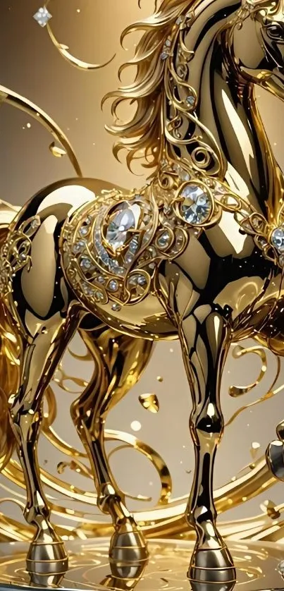 Golden horse adorned with jewels in a luxurious design