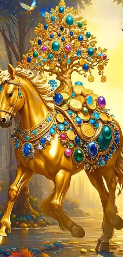 Majestic gold horse adorned with jewels in a fantasy setting.