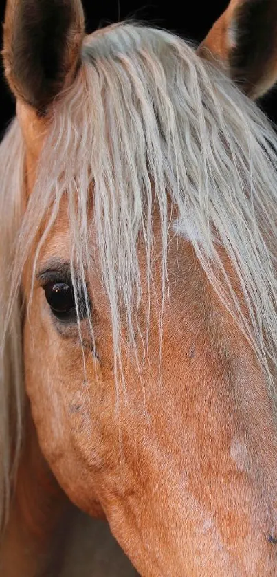 Close-up of a golden horse with a flowing mane.