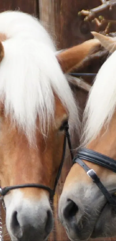 Two golden horses nuzzling against a rustic wooden backdrop.