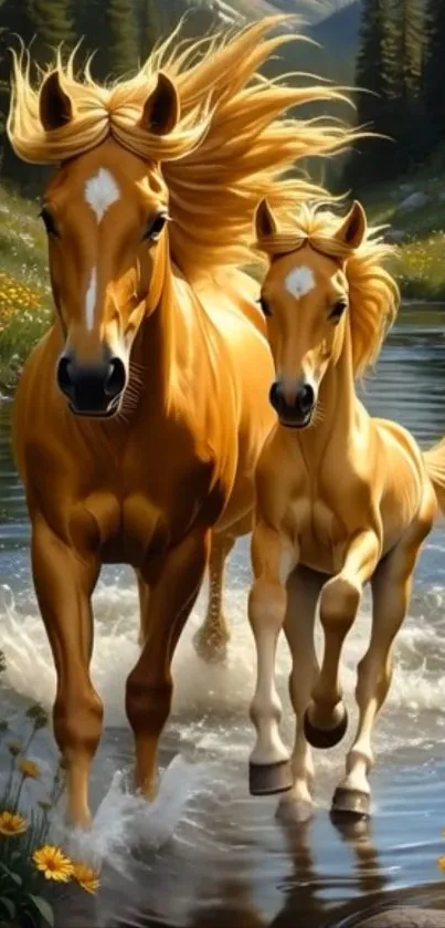 Golden horses running in a sunlit stream.