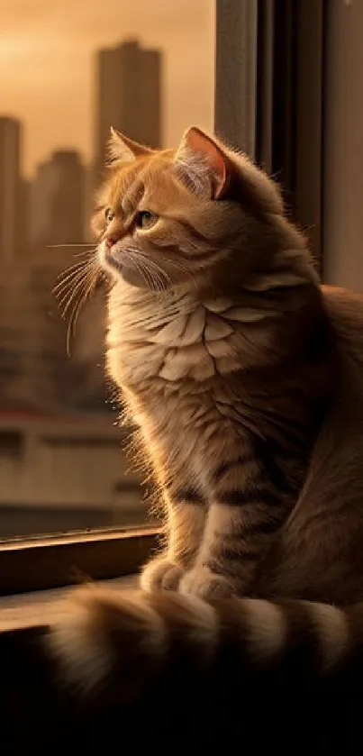 Fluffy cat gazing out a window at a golden city skyline during sunset.