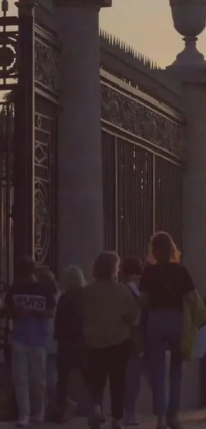 People walking past ornate gate at sunset.