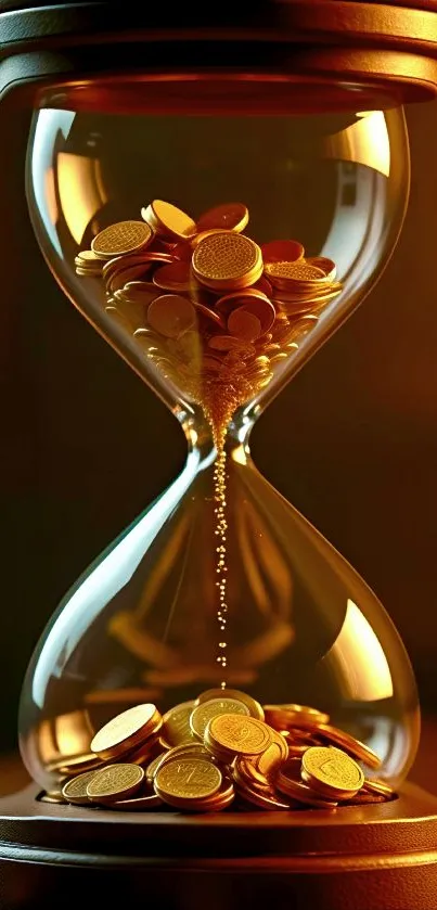 Hourglass with gold coins in amber light.