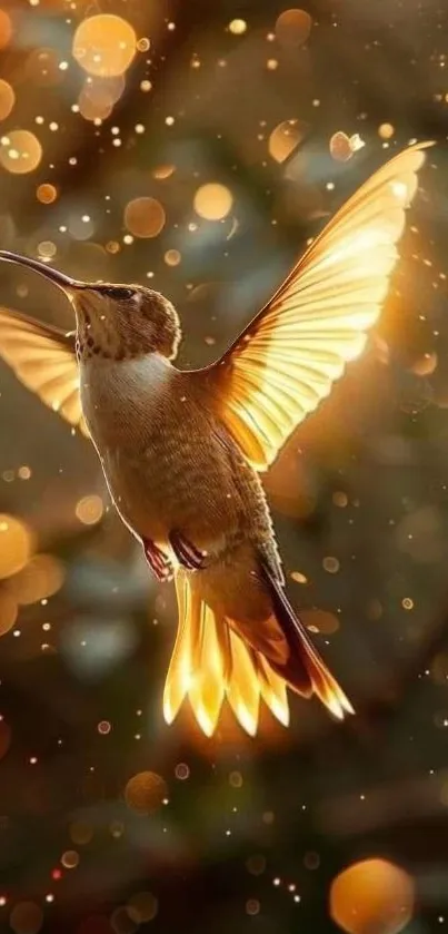 A golden hummingbird flies surrounded by glowing bokeh.