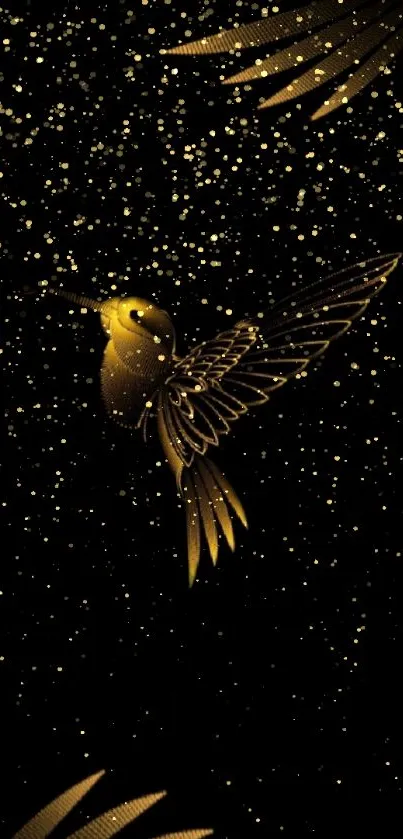 Elegant golden hummingbird on black background wallpaper with sparkling design.