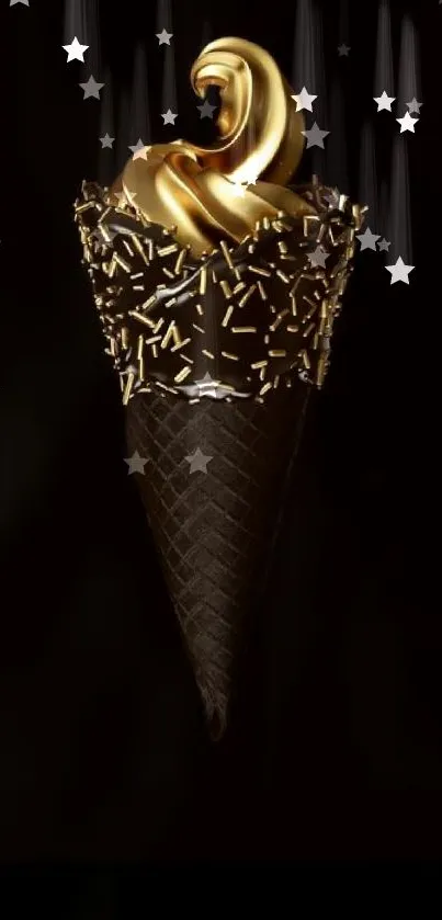 Golden ice cream cone on black background.