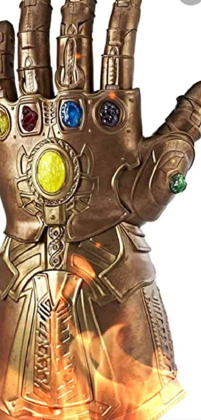 Golden Infinity Gauntlet with colorful stones on a mobile wallpaper.