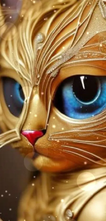 Intricate golden cat art with vivid blue eyes, perfect for mobile wallpaper.