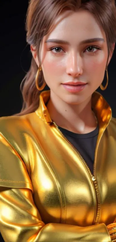 Digital art of woman in golden jacket with dark background.