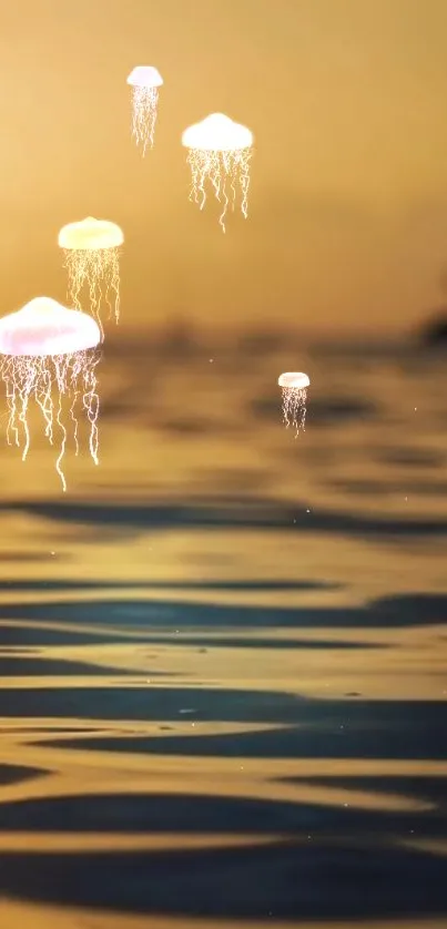 Jellyfish glowing in the golden ocean sunset, creating a serene wallpaper scene.