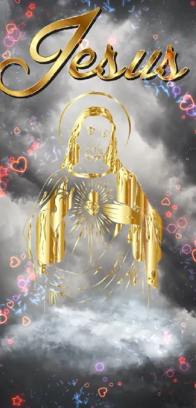 Golden Jesus figure on stormy clouds wallpaper.