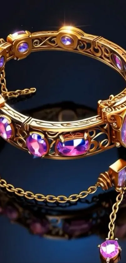 Golden bracelet with purple gemstones.