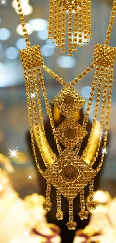 A stunning golden jewelry piece with intricate design on display.