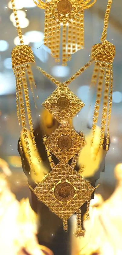 Intricate golden jewelry design with sparkling details against a soft focus backdrop.