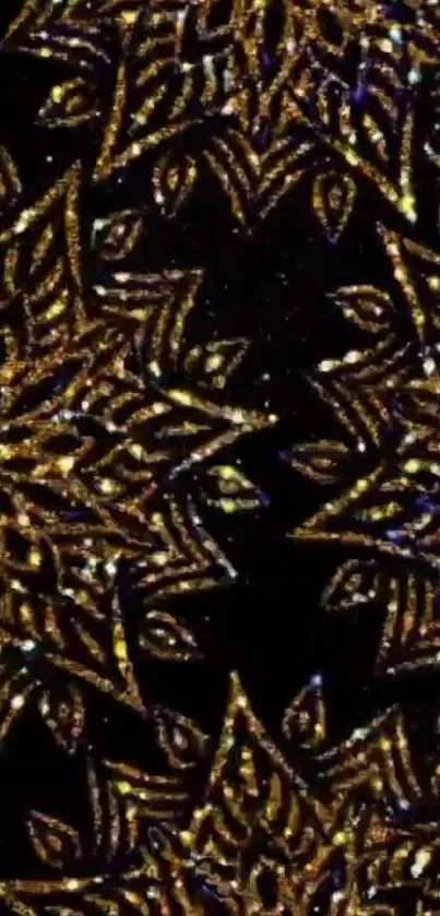 Gold kaleidoscope pattern on black background mobile wallpaper.