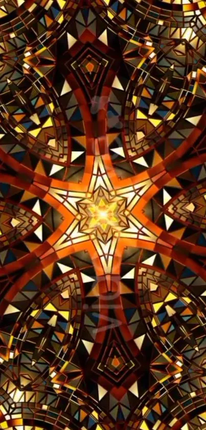 Golden kaleidoscope geometric pattern wallpaper for phones.