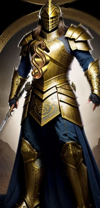 Golden knight in armor holding a sword, standing majestically.