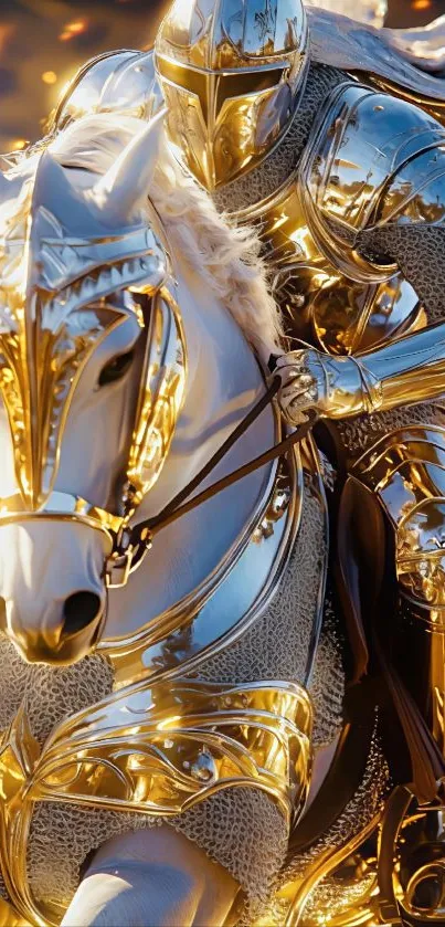 Golden knight riding a horse with shimmering armor.