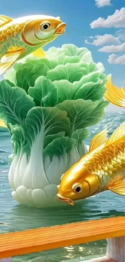 Golden koi fish with green cabbage and blue sky