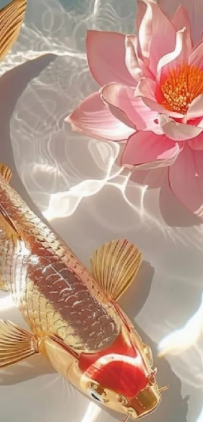 Golden koi fish beside a vibrant pink lotus.