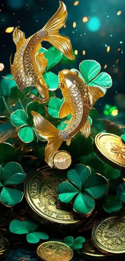 Golden koi fish with clovers and coins.