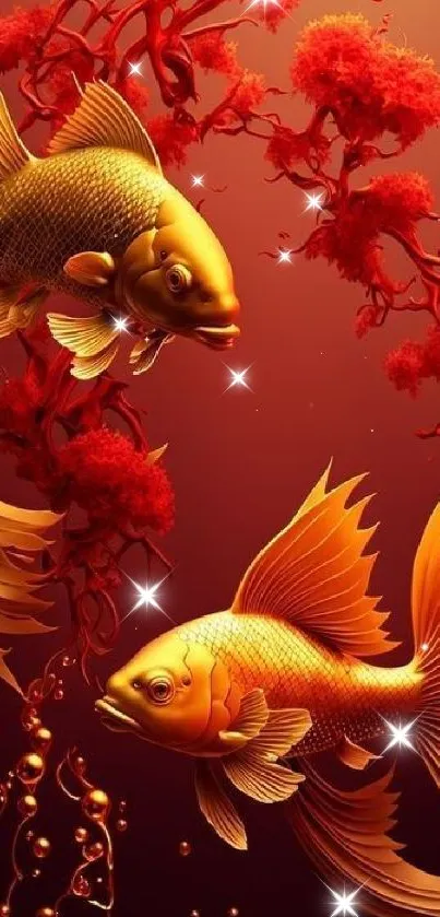 Golden koi fish swimming among red coral, vibrant and elegant design.