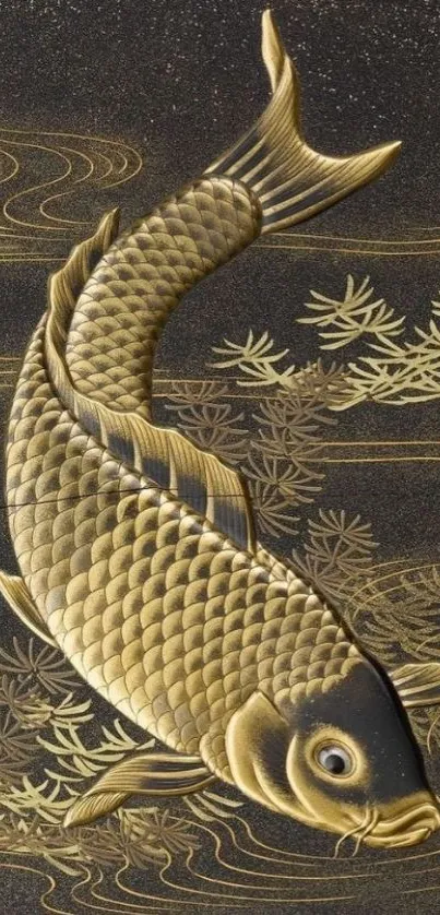 Elegant golden koi fish on dark textured background.