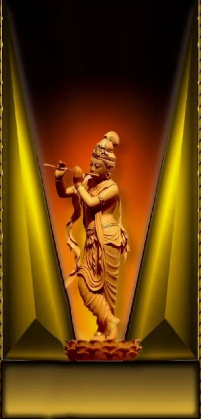 Golden statue of Krishna against a radiant background.