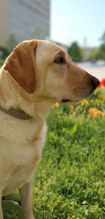 Golden Labrador Retriever in a sunny park with green grass and flowers.