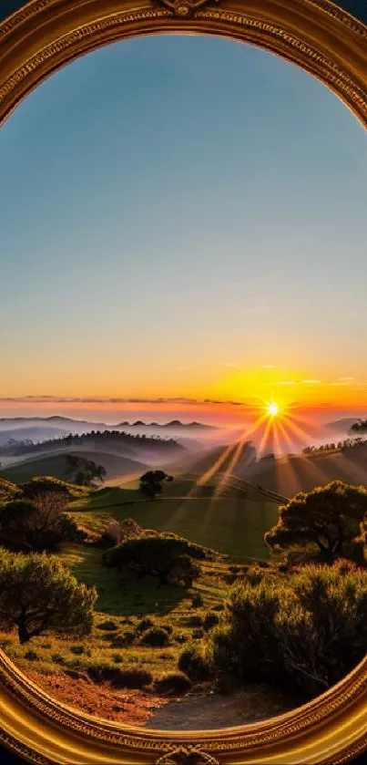 Stunning landscape with sunrise in vintage frame, featuring golden and green tones.