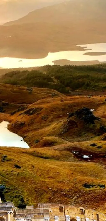 Golden hills and ancient ruins overlooking a serene lake.