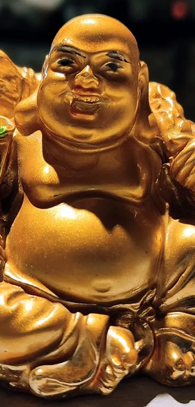 Golden Laughing Buddha statue for mobile wallpaper.