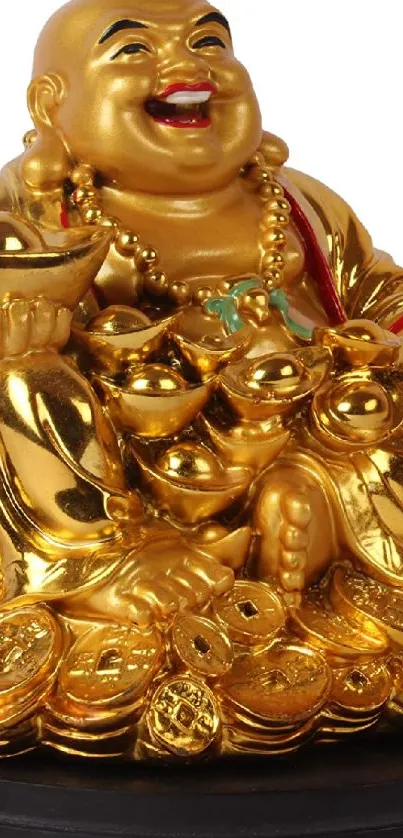 Golden Laughing Buddha statue with vibrant gold coins.